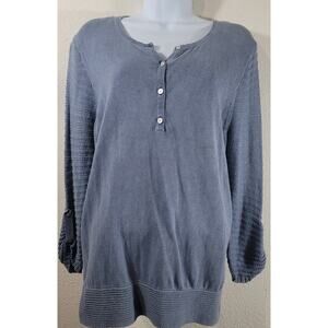 Democracy Blue 4 Button Henley Open Knit Back Panel Top Medium Lightweight Soft